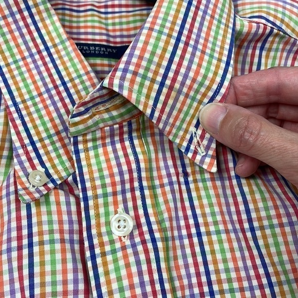 Burberry London Multi Color Rainbow Checked Gingham Button Down Shirt Sz L - Picture 9 of 11